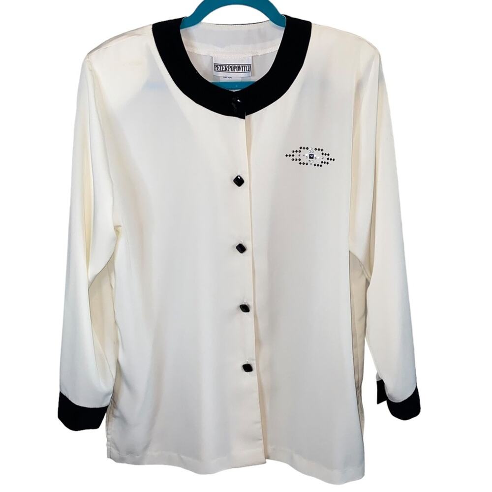 Vintage Peter Popovitch Cream‎ & Black Button Front Blouse Medium Y2K Minimalist